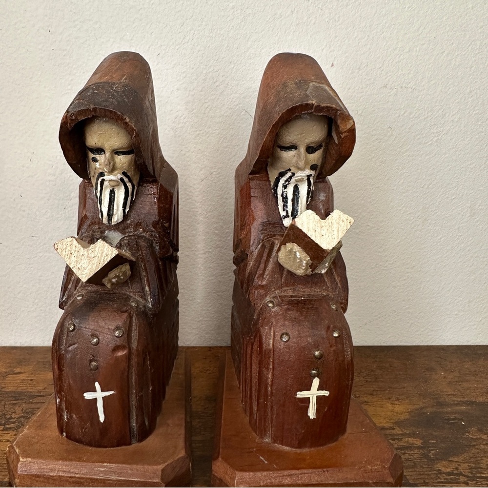 Vintage Hand Carved Wood Monk Bookends Reading Bible Pair Mexico Folk Art